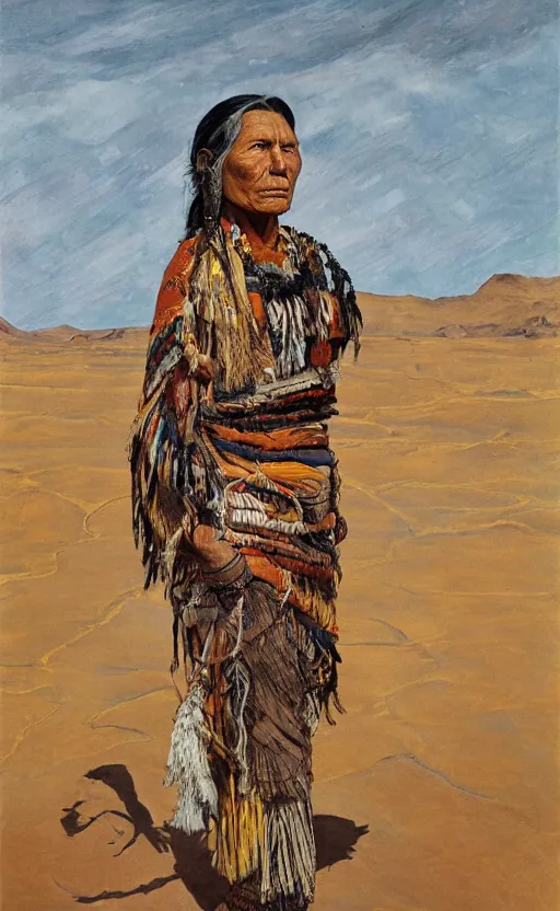 Image similar to full body shot picture of indigenous people woman leader in desert, painted by lucian freud, hd, super detailed, realistic, muted colors