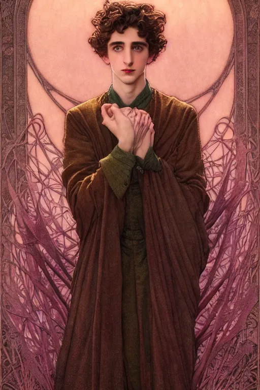 Prompt: edmund dulac, leyendecker, greg hildebrandt, highly detailed portrait, lovely magical goddess feminine timothee chalamet, pink, art nouveau, stephen bliss, unreal engine, by greg rutkowski, loish, ferdinand knab, ilya kuvshinov, rossdraws, tom bagshaw, alphonse mucha, global illumination, radiant light, intricate environment