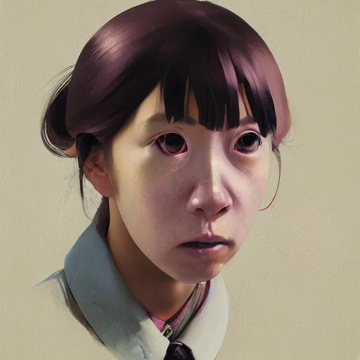 Prompt: Portrait of Sukeban Deka Soryu School Girl, anger in her eyes, artwork by Sergey Kolesov, arstation,