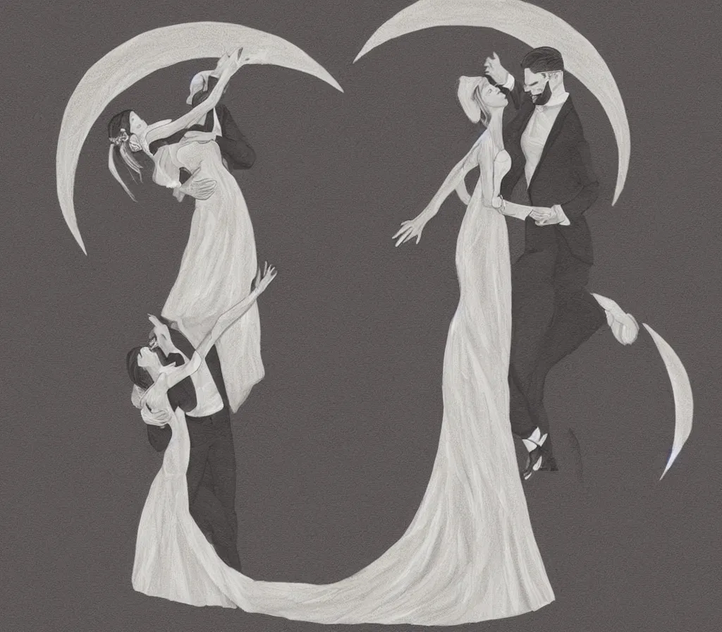 Image similar to detailed, anatomical, digital art drawing of a couple dancing on a crescent moon during their wedding ceremony, soft lighting, neutral colours, lots of details