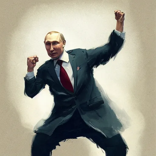 Image similar to putin wearing an funny clothes and dancing by greg rutkowski