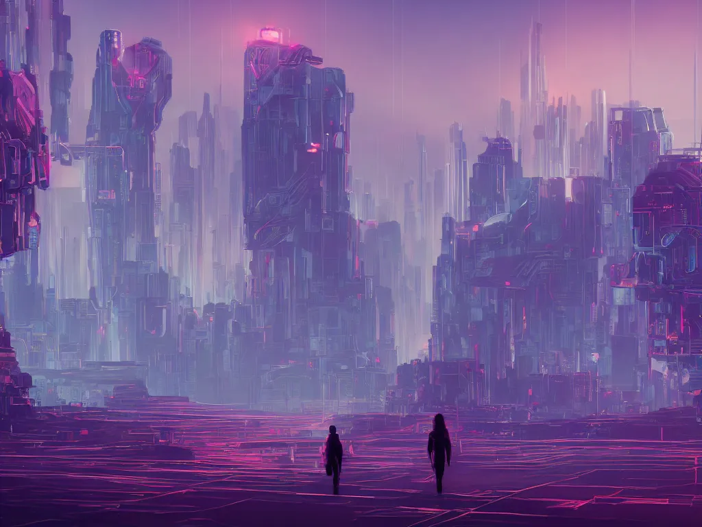 Prompt: a lone traveler walking on a synthwave landscape toward a cyberpunk mythological castle in the distance, space, cyberspace, wide angle, cinematic, holographic, virtual, concept art, Blue and Green color scheme, trending on artstation