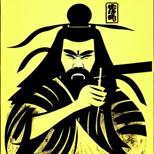 Prompt: silhouette of a bushido illustration, ink drawing style, vector art style, medium shot, intricate, elegant, highly detailed, digital art, ffffound, art by peter tang