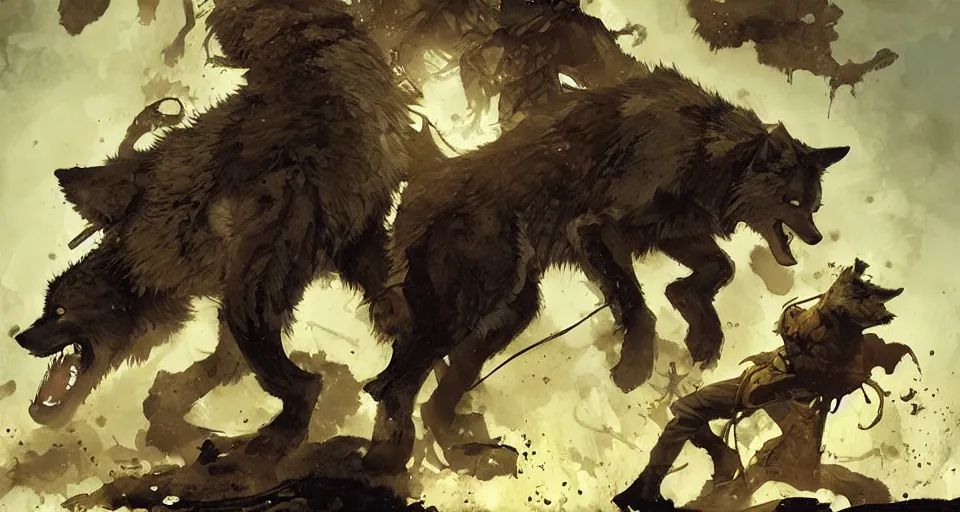 Image similar to WOLVES AND THEIR TREASURES. By Travis Charest, James Gurney, and Ashley Wood. dramatic lighting. Magic the gathering. digital painting.