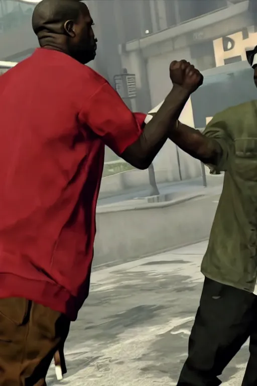 Image similar to kanye west having a fistfight with lester crest from gta v, lester crest, lester from gta v, gta lester, gameplay, grand theft auto v, strong dramatic cinematic lighting, blood red sky, smooth, sharp focus, extremely detailed