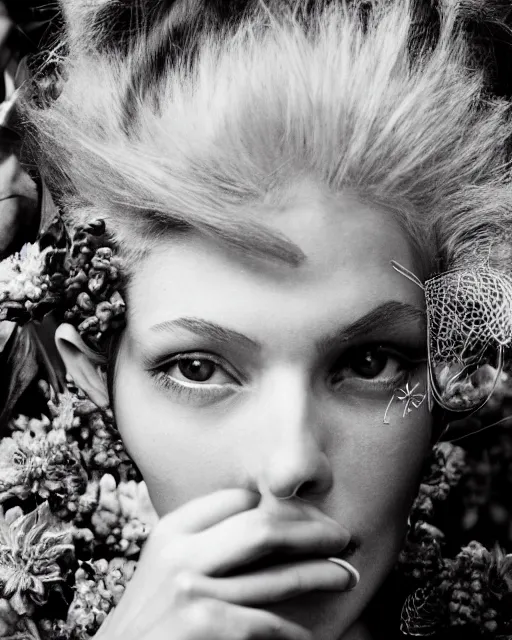 Image similar to a bountiful springtime harvest, a conceptual surrealist punk hairstyle for girls, by steven meisel, sigma 35mm f/8