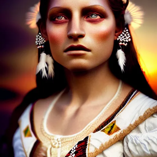 Image similar to photographic portrait of a stunningly beautiful renaissance female in traditional hopi dress, white irises and dark eye makeup, in soft dreamy light at sunset, god rays, contemporary fashion shoot, by edward robert hughes, annie leibovitz and steve mccurry, david lazar, jimmy nelsson, extremely detailed, hyperrealistic, perfect face, octane render