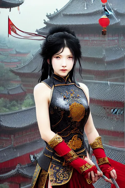 Image similar to portrait black hair young knights of Dynasty Warriors girl, metallic red mirror armor, in ruin chinese temple rooftop heavily rain sunrise, ssci-fi and fantasy, intricate and very beautiful and elegant, highly detailed, digital painting, soft light, artstation, concept art, smooth and sharp focus, illustration, art by tian zi and WLOP and alphonse mucha
