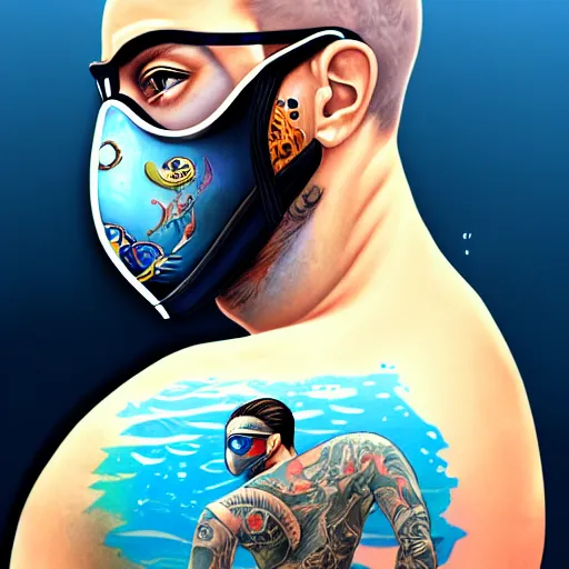 Prompt: a profile photo of a man with underwater mask with tattoos on arm and neck, side profile in underwater, highly detailed, digital painting, artstation, illustration by Sandra Chevrier