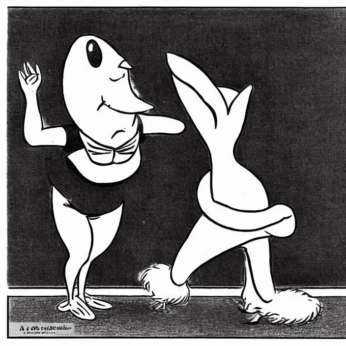 Image similar to a still frame from comic strip a bird in rabbit costume half pants 1 9 5 0, herluf bidstrup, new yorker illustration, monochrome contrast bw, lineart, manga, tadanori yokoo, simplified,