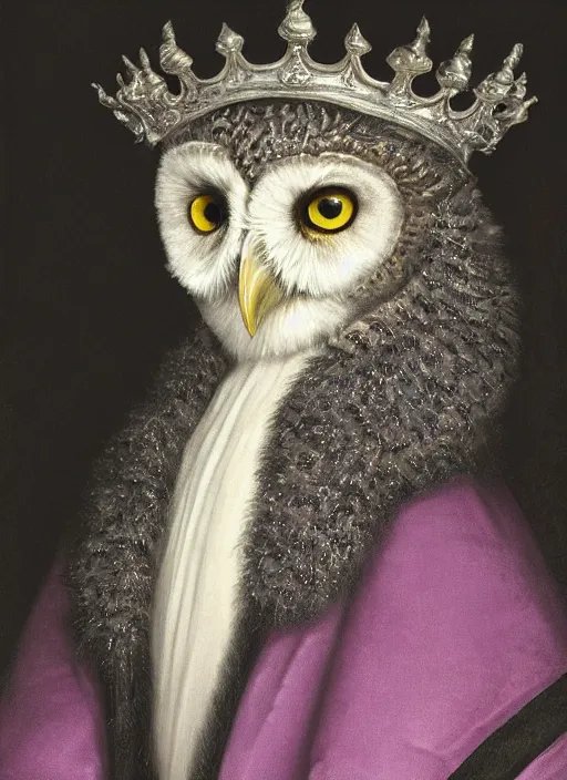 Image similar to close-up portrait of anthropomorphic owl Prince, man with a head of barn owl, glowing eyes, in a crown, wearing long royal robe, lilac, silver, black, bokeh, blurred space, stars, dreamy, romantic, painting in the museum, highly detailed, sharp focus, digital painting, artwork, by John James Audubon by Victor Adame Minguez by Yuumei by Tom Lovell by Sandro Botticelli