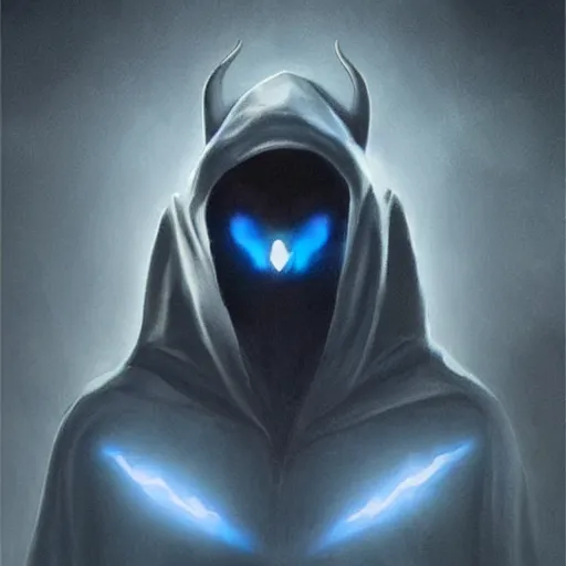 Prompt: award - winning. trending on artstation. 4 k. eerie tone. a shadowy figure wearing a hooded cape made of the night sky with infinite blue glowing eyes on its face and an open maw on its belly. full - body.