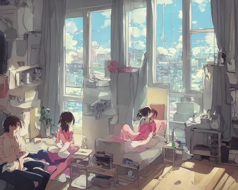 Image similar to beautiful illustration of one female and her cat in her small studio apartment, there is a window which looks out to a futuristic city at night, anime manga style, aesthetic, scene from the movie'your name ', makoto shinkai