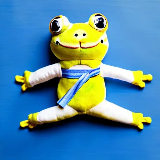 Image similar to cute plushie frog wearing a sailor suit, studio photography,