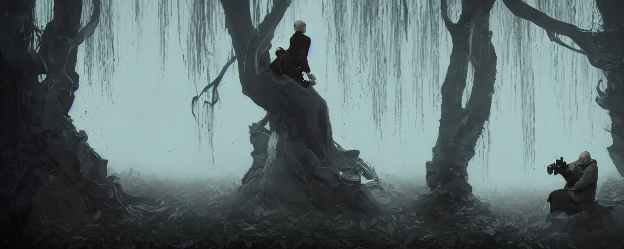 Image similar to duotone noir illustration close up of bald merchant demon sitting in midair among willow tree in medieval brown tunic. foggy evening. dark dream atmosphere with volumetric hellish lighting, by sachin teng and sergey kolesov and ruan jia and heng z. graffiti art, scifi, fantasy, hyper detailed. octane render. concept art. trending on artstation