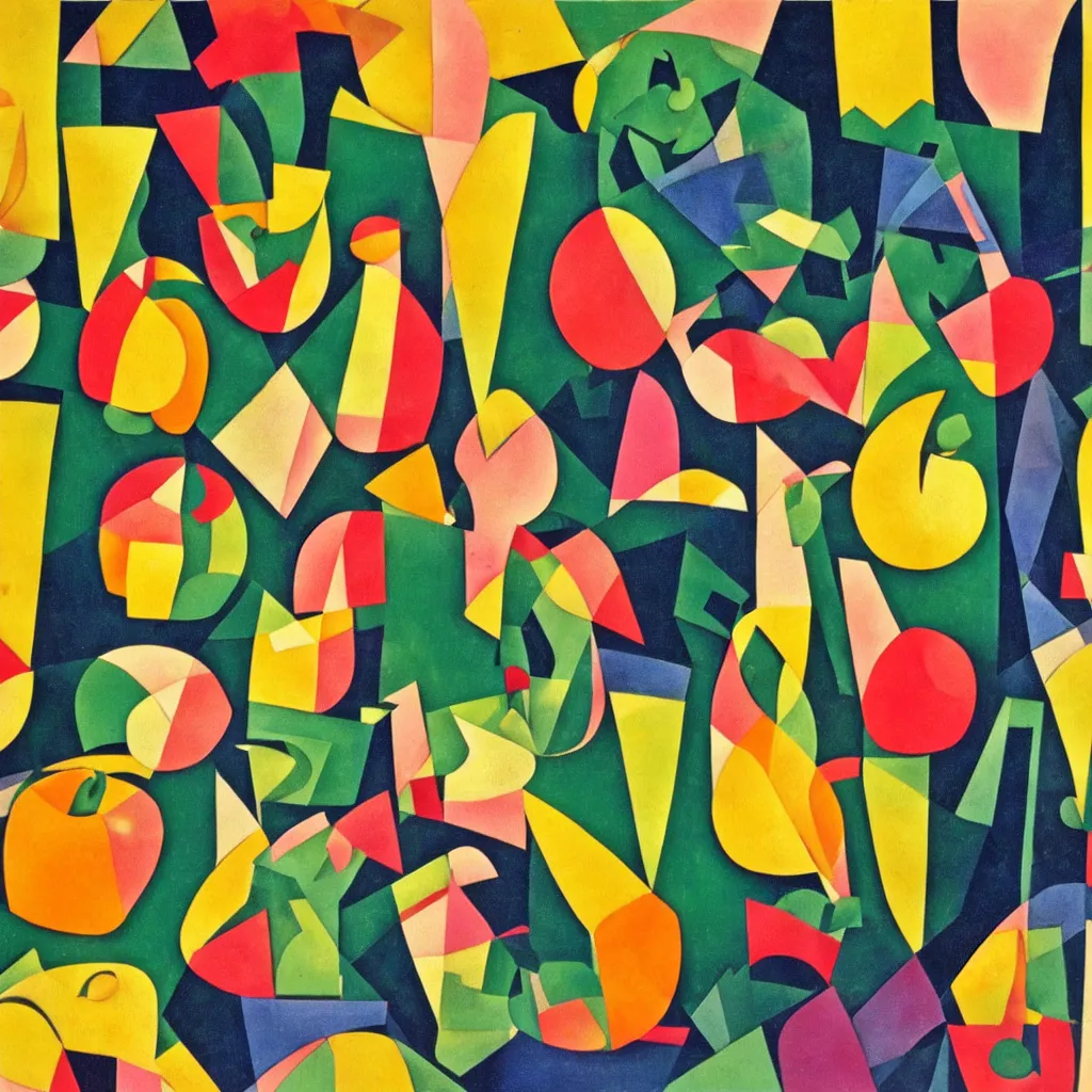 Image similar to apples and mangos in the style of eileen agar and olexander archipenko, noise, stroke around the apples and mangos, cut out effect