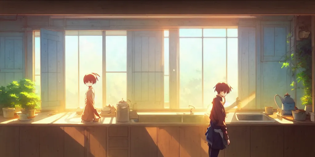 Prompt: interior background art, bright window lit kitchen, morning, steaming food on the stove, wooden floors, houseplants, cottage decor, anime, trending on pixiv fanbox, painted by greg rutkowski makoto shinkai takashi takeuchi studio ghibli, akihiko yoshida