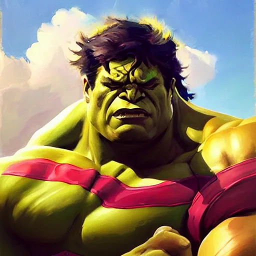 Image similar to Greg Manchess portrait painting of the Hulk as Overwatch character, medium shot, asymmetrical, profile picture, Organic Painting, sunny day, Matte Painting, bold shapes, hard edges, street art, trending on artstation, by Huang Guangjian and Gil Elvgren and Sachin Teng