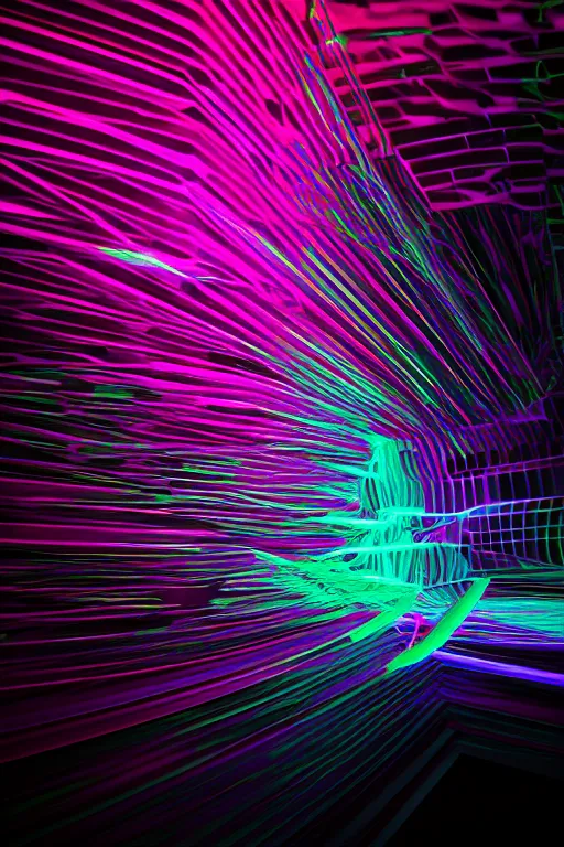 Image similar to very dark image of a neon - colored abstract intricate 3 d arc of light in a ultra black background, blender maya unreal engine, octane render vray,
