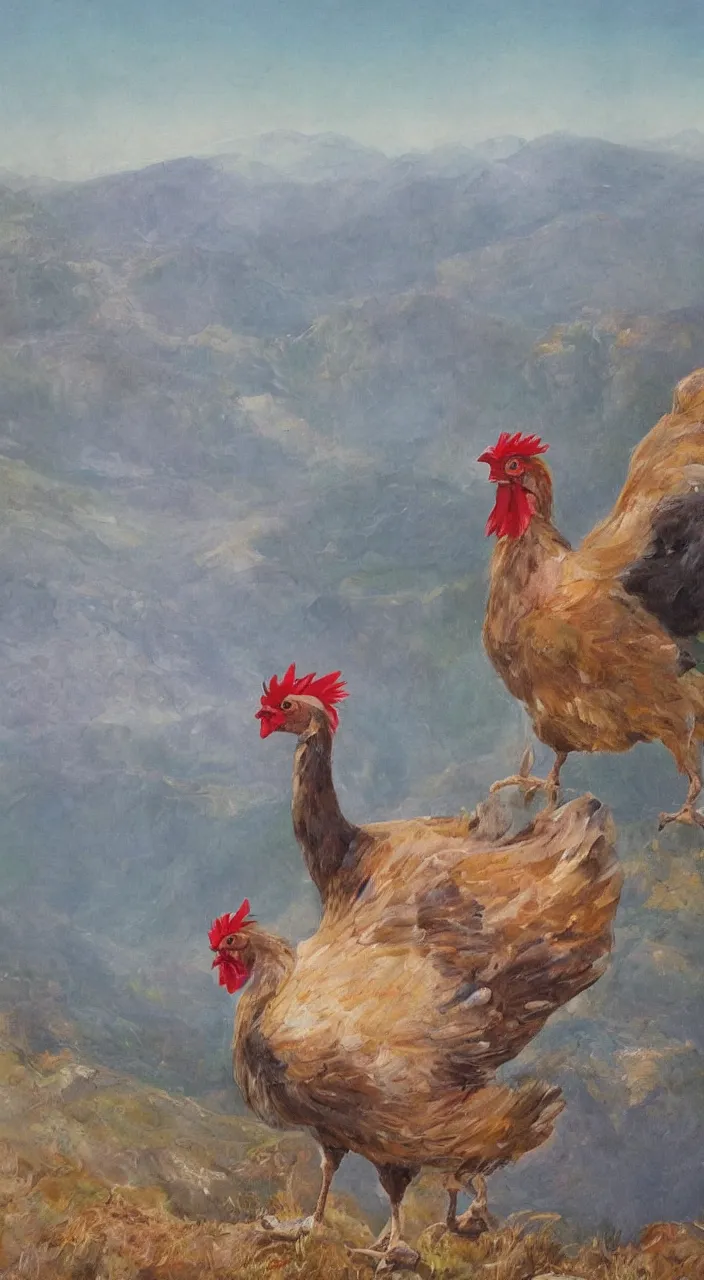 Prompt: giant chicken on a mountain top, elegant, painting