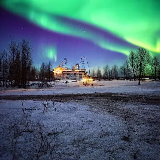 Image similar to northern lights shining over the chernobyl nuclear reactor