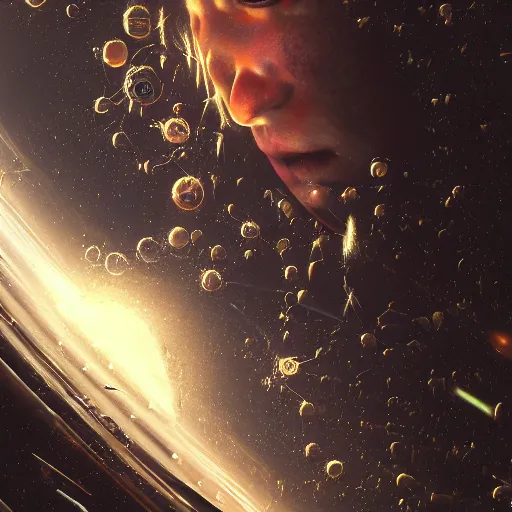 Image similar to an epic portrait of an astronaut entering the micro realm of the microscopic multiverse, cinematic lighting, under a microscope, Artstation, highly detailed, insane detailed