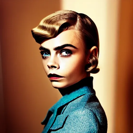 Image similar to photo of a gorgeous 20-year-old Cara Delevingne with 1930s hairstyle by Mario Testino, detailed, head shot, award winning, Sony a7R -