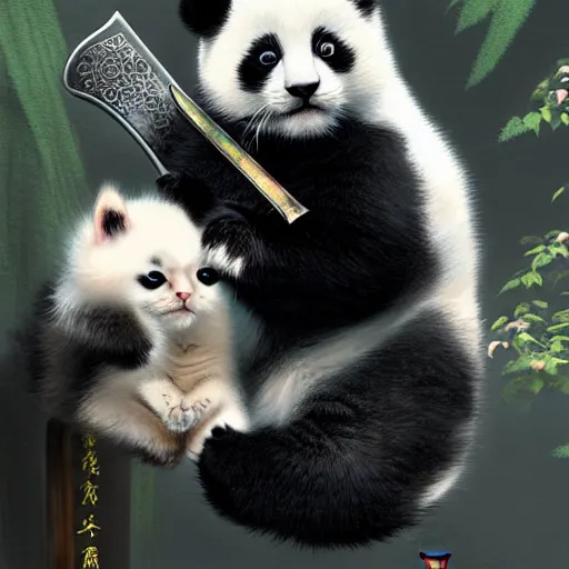 Image similar to cute kitten with panda body and cat face, in a kimono, holds a sword, artwork by greg rutkowski, highly detailed, matte painting 4 k