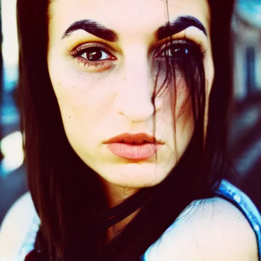 Image similar to 35mm film photo of an atractive cool alternative bosnian woman in her early 20s. beautiful face. She has dark brown hair, dark thick eyebrows, brown eyes and shoulder long hair.