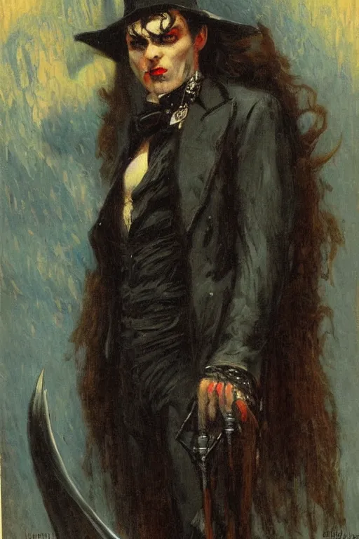 Image similar to portrait of victorian era vampire batman. art by gaston bussiere.
