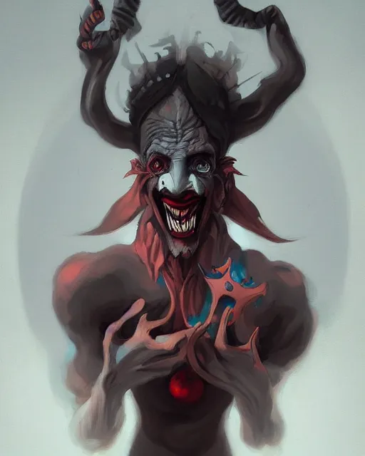 Image similar to portrait of a demonic clown by peter mohrbacher. trending on artstation