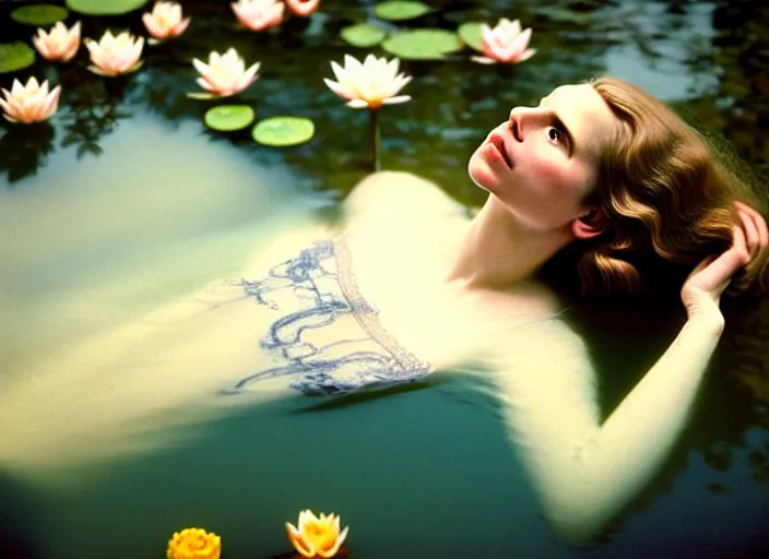 Image similar to Kodak Portra 400, 8K, soft light, volumetric lighting, highly detailed, brit marling style 3/4 ,view from above of close-up portrait photo of a beautiful woman how pre-Raphaelites painter, to float on one's back, part of the face is emerging of a pond with water lilies, she has a beautiful lace dress and hair are intricate with highly detailed realistic beautiful flowers , Realistic, Refined, Highly Detailed, natural outdoor soft pastel lighting colors scheme, outdoor fine art photography, Hyper realistic, photo realistic,warm lighting,