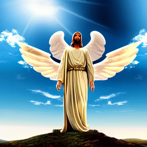 Prompt: gigantic biblical depiction of an angel towering over a vast landscape, cinematic, realistic, geometric white marble body, photorealistic, detailed, gold sky, global illumination, volumetric lighting, god rays, beautiful composition, majestic clouds, soft colors, heavenly lighting