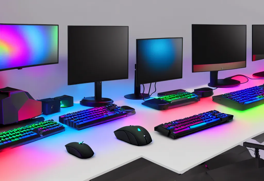 Image similar to the ultimate gaming setup rgb, three monitors, colorful, glossy, octane render, 8 k, detailed, rgb keyboard, rgb mouse, gaming pc, microphone, detailed