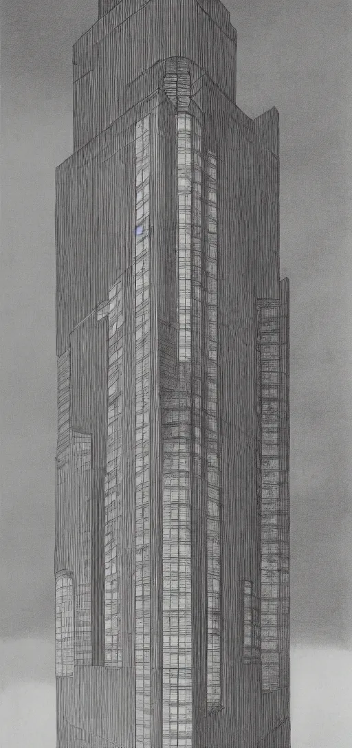 Prompt: a modern office building drawn in the style of Zdzisław Beksiński, 4K, dramatic, dark, horror art,