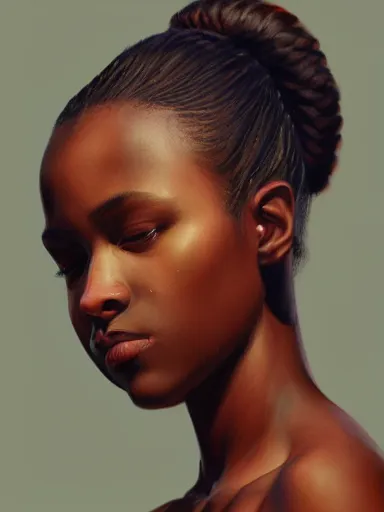 Prompt: detailed side profile portrait painting of a black girl, realistic, artstation, symmetrical, digital painting, in the style of kehinde wiley, artem demura, krenz cushart