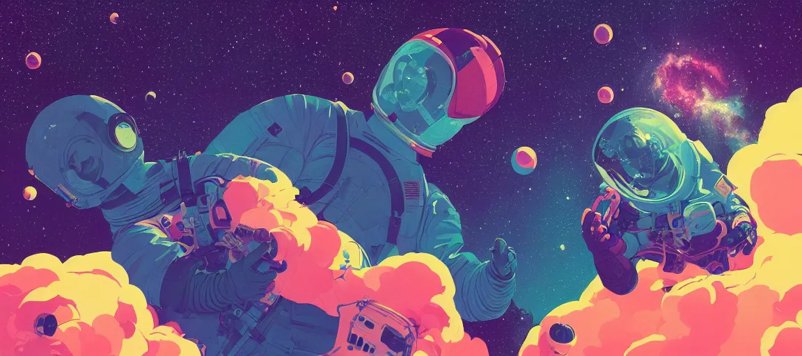 Prompt: Intricate ultradetailed illustration of an astronaut floating in space surrounded by vibrant nebula and stars by Tomer Hanuka, by Victo Ngai, by Beeple