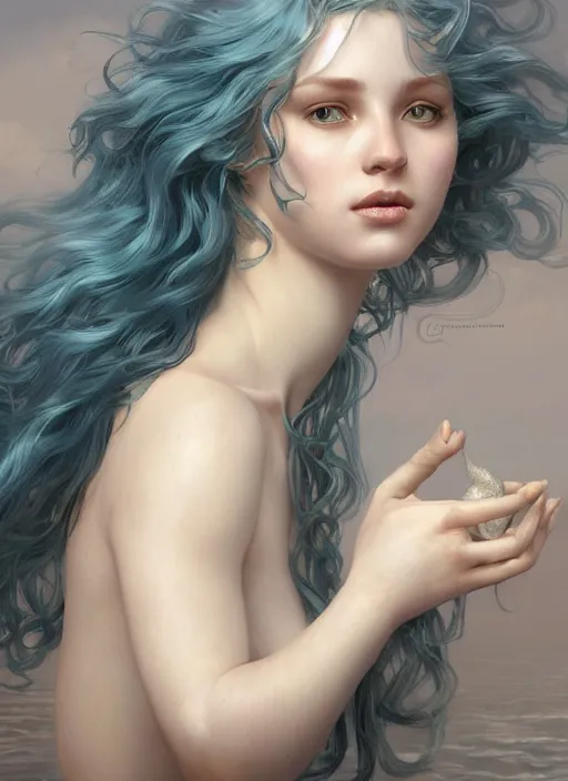 Image similar to ultra realistic digital painting of a mermaid, pale blue skin, azure curly hair, innocent expression, intricate, elegant, concept art, smooth, sharp focus, art by artgerm and greg rutkowski and alphonse mucha
