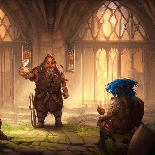 Prompt: A Kender, a Gully Dwarf and a Gnome all walked into a bar in the Lost City of Kharoshe, oil painting, insanely detailed, Larry Elmore, Greg Rutkowski, Charlie Bowater, Fantasy Art, Dungeons and Dragons, Dragonlance Illustration, unreal 5, DAZ, hyperrealistic, octane render, RPG portrait, dynamic lighting, fantasy art, beautiful face