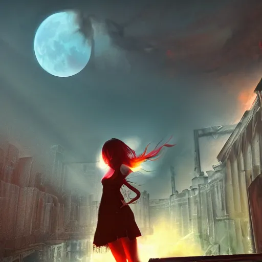 Image similar to A beautiful picture of a suicidal girl against the background of ruins of a destroyed city and a yellow -red moon, artstation, extremely detailed, stunning volumetric lighting, atmosphere, hyper realism