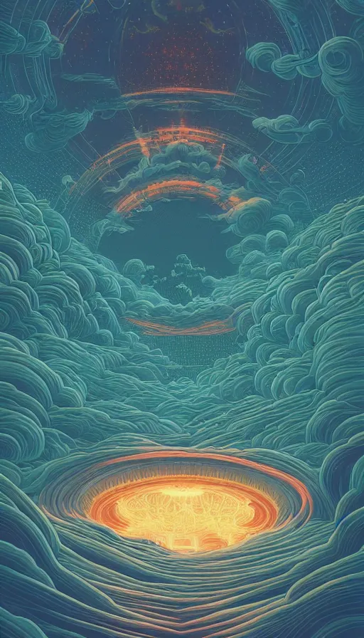 Image similar to the ancient portal of the luminous dream spirits on cosmic cloudscape, futurism, dan mumford, victo ngai