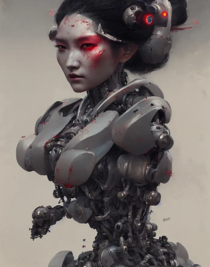 Image similar to portrait of a geisha robot by greg rutkowski and ruan jia, mecha, washed colors, dark, gloomy, matte painting, unreal engine 5