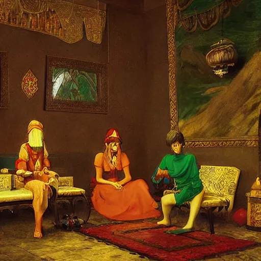 Prompt: hyrule palace scene painted in orientalist style, legend of zelda, painting by jean - leon gerome, otto pilny, adrien henri tanoux, giulio rosati, orientalism