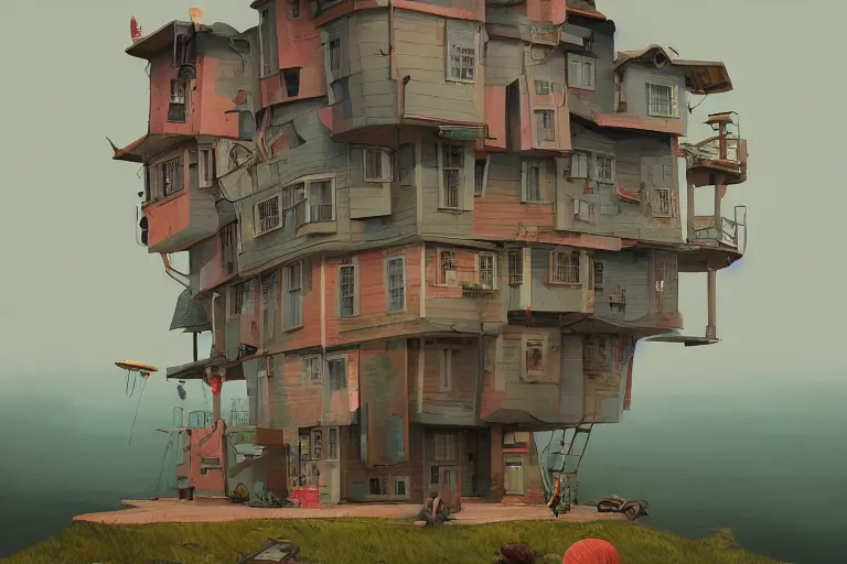 Prompt: A house made of a human head, very detailed digital art, pretty colors, muted colors, in the style of Simon Stalenhag and Wes Anderson, beautiful colors, very high resolution, trending on Artstation