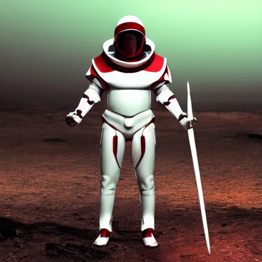 Image similar to portrait of a tall athletic muscular infantry man in glossy sleek white armor with tiny red details and a long red cape, heroic posture, on the surface of mars, night time, dramatic lighting, cinematic, sci-fi, hyperrealistic, movie still