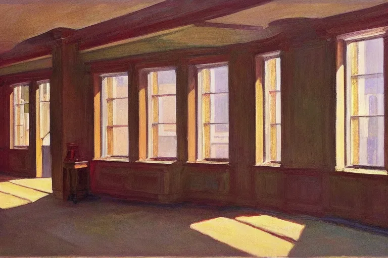 Prompt: inside a beautiful enormous , in the style of Edward Hopper