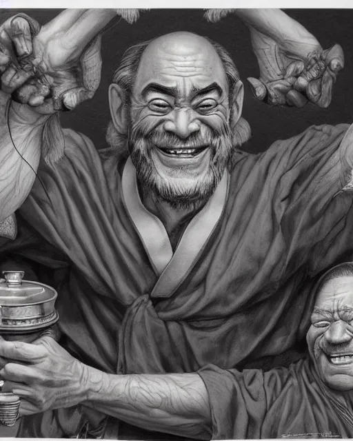 Image similar to real life Uncle Iroh smiling, drinking tea, beautiful, very detailed, hyperrealistic, medium shot, very detailed painting by Glenn Fabry, by Joao Ruas