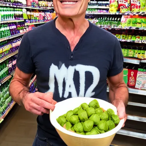 Prompt: ugly mehmet oz showing off his pregnant belly, holding guacamole, at the supermarket, sad face