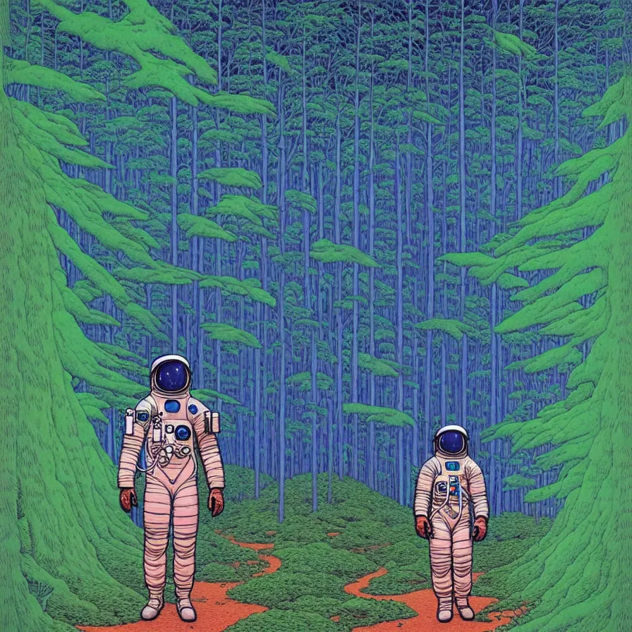 Image similar to ( ( ( ( an astronaut walking through a mysterious forest, with decorative frame design ) ) ) ) by mœbius!!!!!!!!!!!!!!!!!!!!!!!!!!!, overdetailed art, colorful, artistic record jacket design