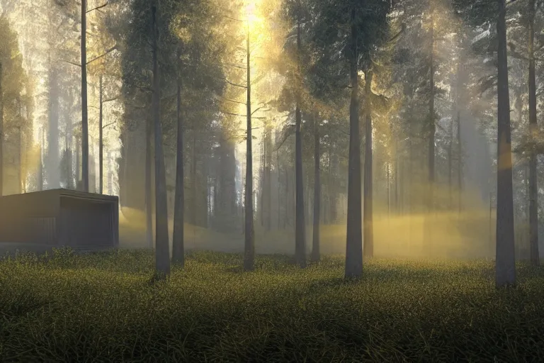 Image similar to glowing doors of a bunker in a forest, sunset, light fog, strong sunbeams are breaking through the tall trees, 4k, ultra details, cinematic, epic style, beautiful photo, hyper realistic, octane render, unreal engine, award winning, on artstation, volumetric lightning, masterpiece, golden hour,